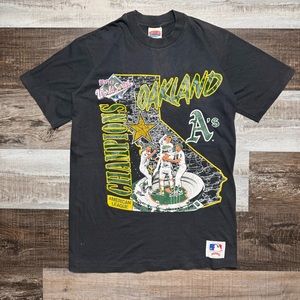 Vintage 1990 Nutmeg Mills MLB Oakland Athletics A's Print T-Shirt BLK Size L